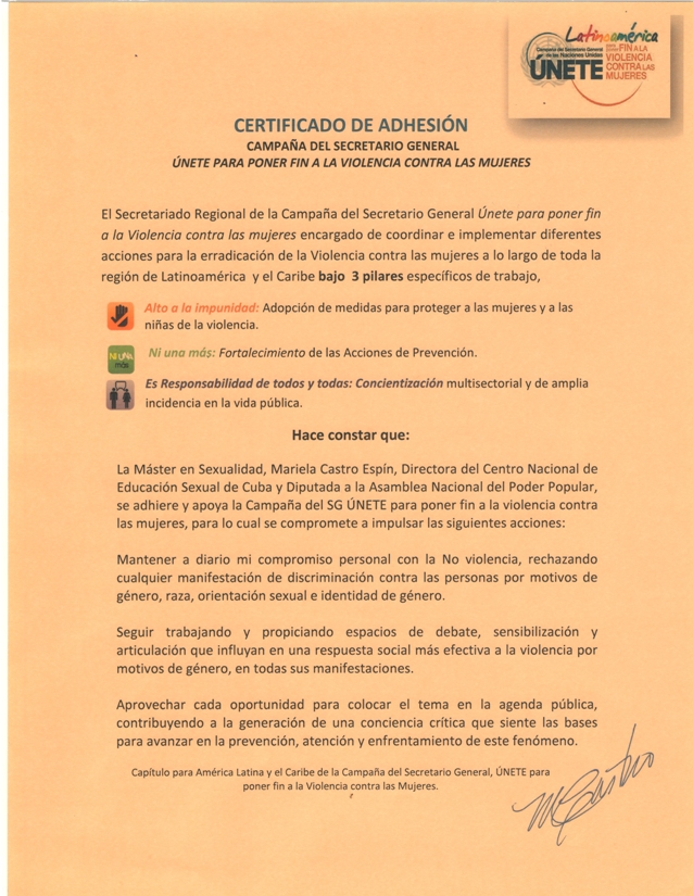 Certificado de adhesión del CENESEX a la campaña ÚNETE